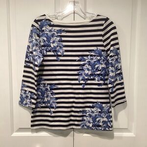 Talbots Navy and White Striped Top w/Blue Floral Design Women size small petite